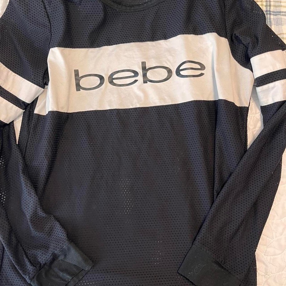 Bebe Sport Y2K Logo Mesh Jersey Top Black White Stripe Long Sleeve Large
